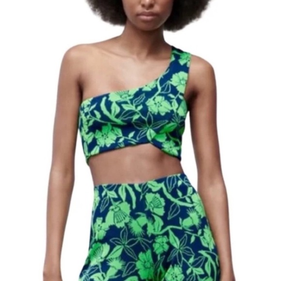 ZARA COORD SET NWT BLOGGERS FAVE TROPICAL PRINT NEON GREEN & NAVY - Picture 5 of 6